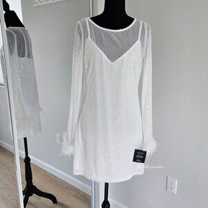 Lulus White Sequin Mesh Long Sleeve Mini Dress & Slip Size Large New With Tags
